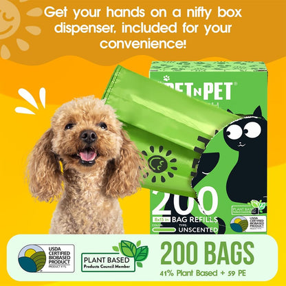 Poop Bags Unscented | Dog Poop Bags with Tie Handles | USDA Certified 38% Biobased Dog Waste Bags | Cat Poop Bags | Durable Dog Bags for Poop | Easy Dispensing 200 Counts Poop Bags for Dogs